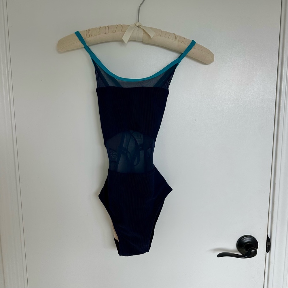Dark Blue and Teal Dance Leotard-mesh cutout on front w/ pretty back straps XS